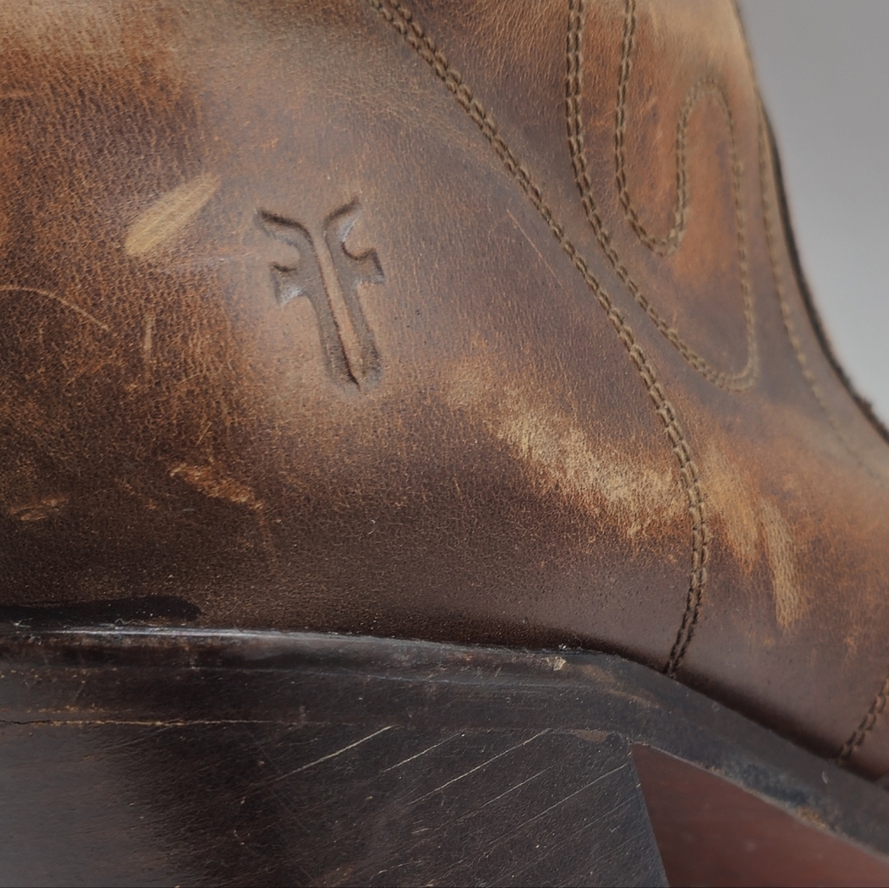 FRYE Vintage Retro Swirl Stitching Tall Chunky High Heel Brown Leather Boots - Picture 9 of 9